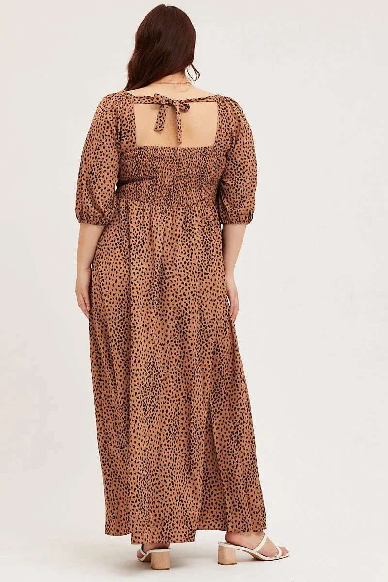 Animal Print Midi Dress Scoop Neck Short Sleeve