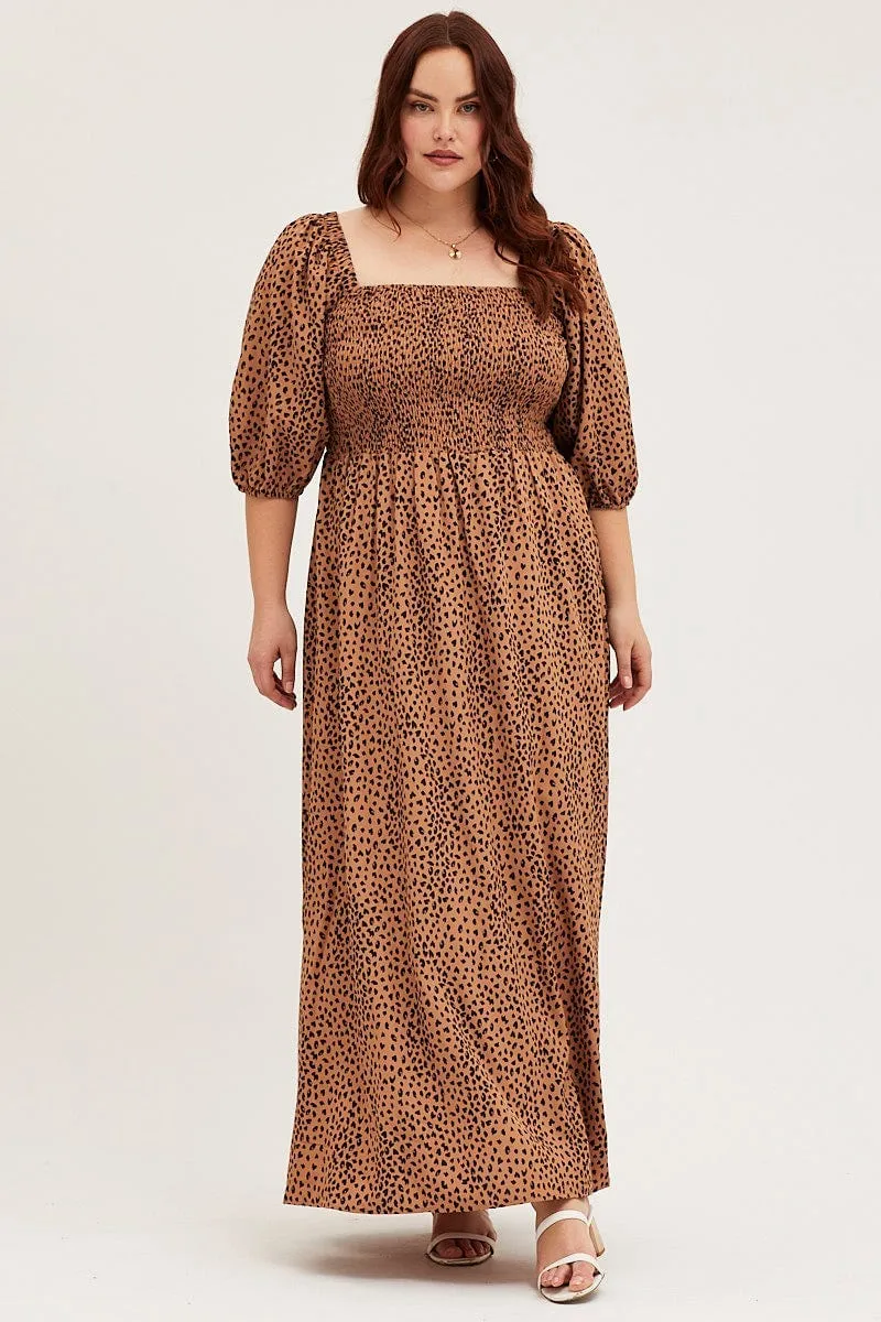 Animal Print Midi Dress Scoop Neck Short Sleeve