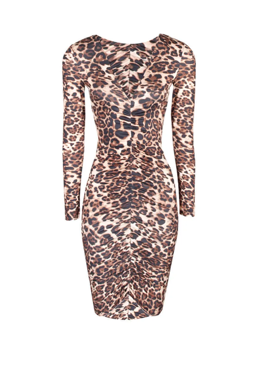 Animal Print Ruched Midi Dress