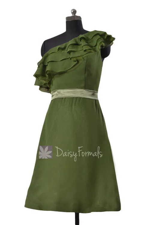 Appealing Hunter Green One Shoulder Chiffon Bridesmaid Dress Cocktail Dress w/ Ruffles(BM244)