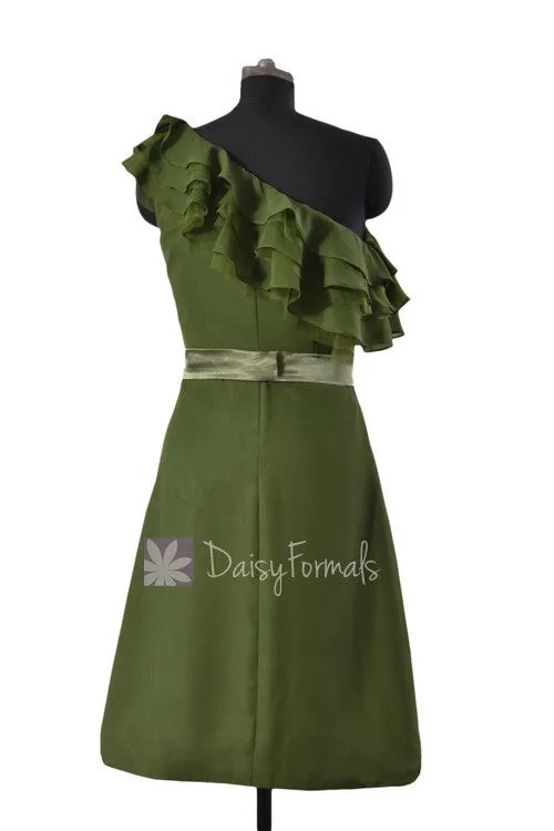 Appealing Hunter Green One Shoulder Chiffon Bridesmaid Dress Cocktail Dress w/ Ruffles(BM244)