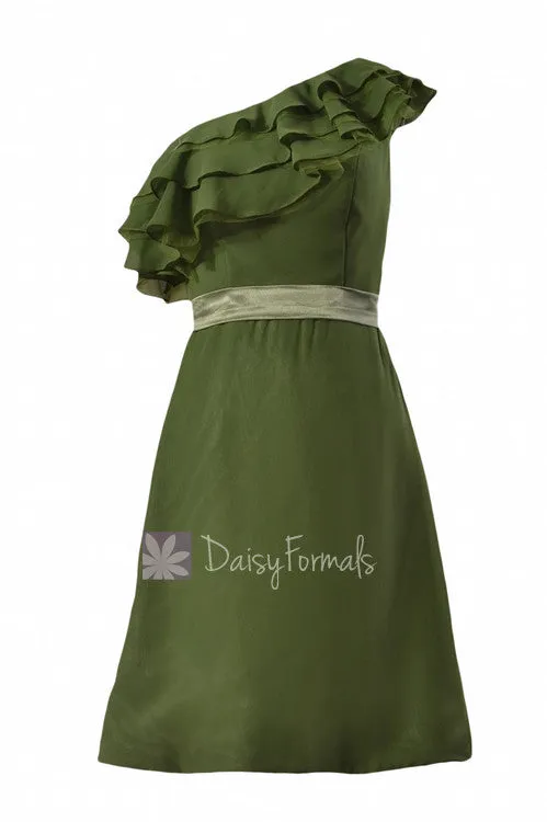 Appealing Hunter Green One Shoulder Chiffon Bridesmaid Dress Cocktail Dress w/ Ruffles(BM244)