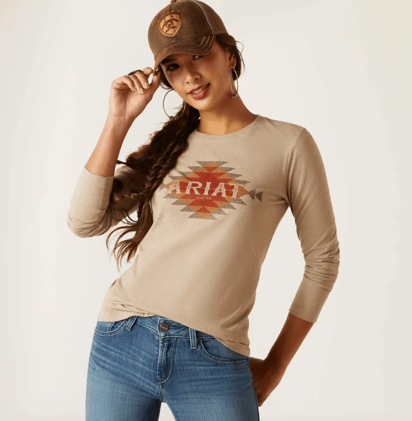 Ariat Women's Oatmeal Heather Southwest Logo Long Sleeve Tee 10047916