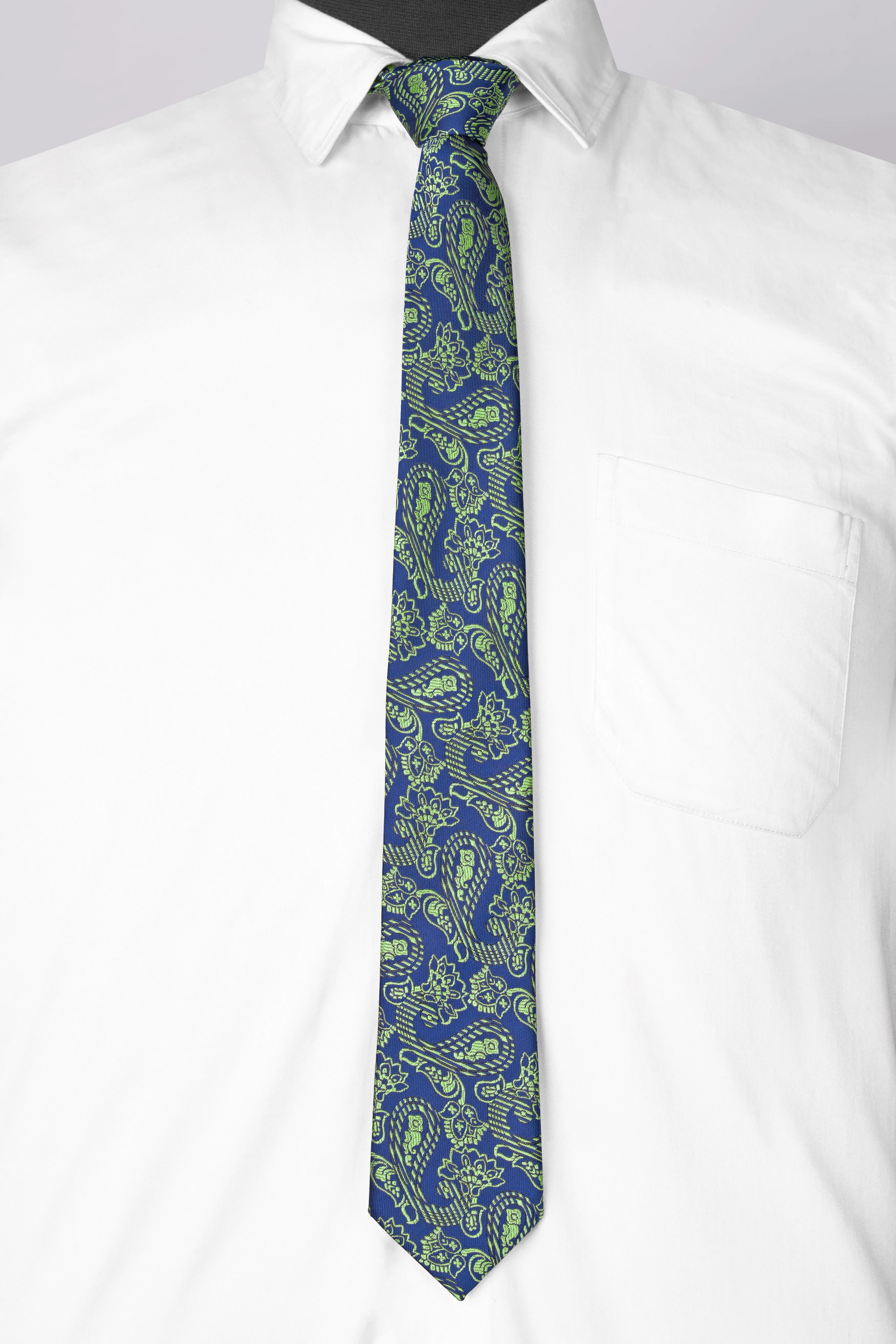 Astronaut Blue with Schist Green Paisley Jacquard Tie with Pocket Square