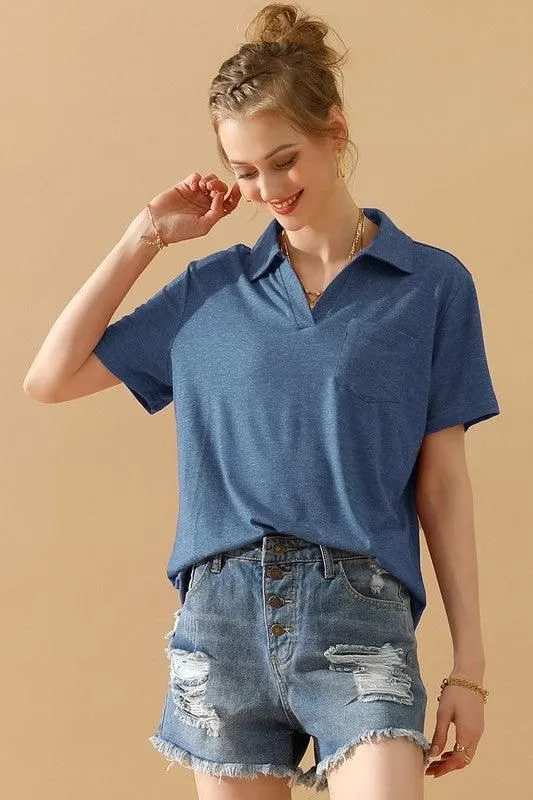 BASIC SHORT SLEEVE POCKET CALLAR TOP