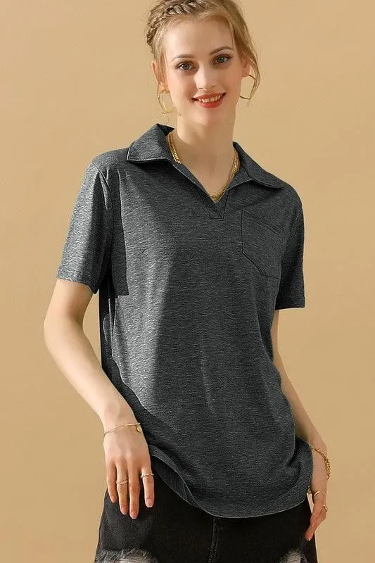 BASIC SHORT SLEEVE POCKET CALLAR TOP