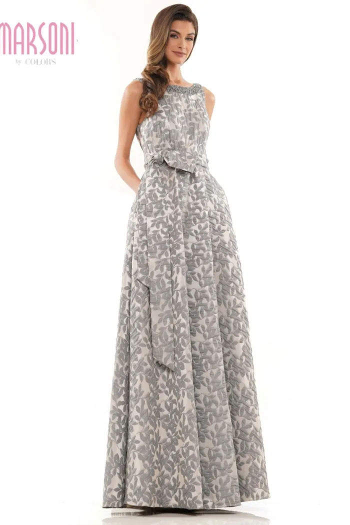 Beaded High Neck Jacquard Gown