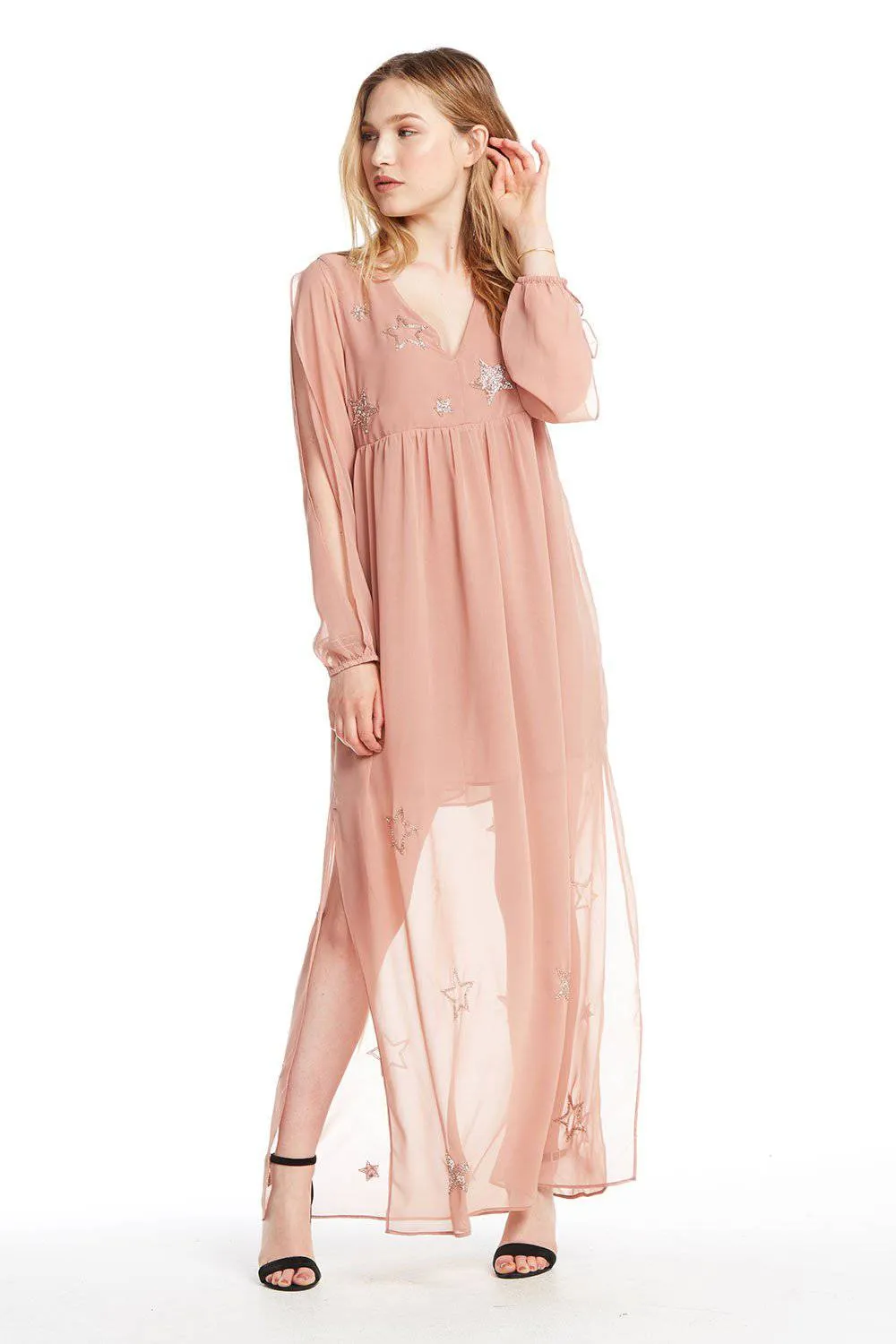 BEADED STAR L/S V NECK MAXI DRESS