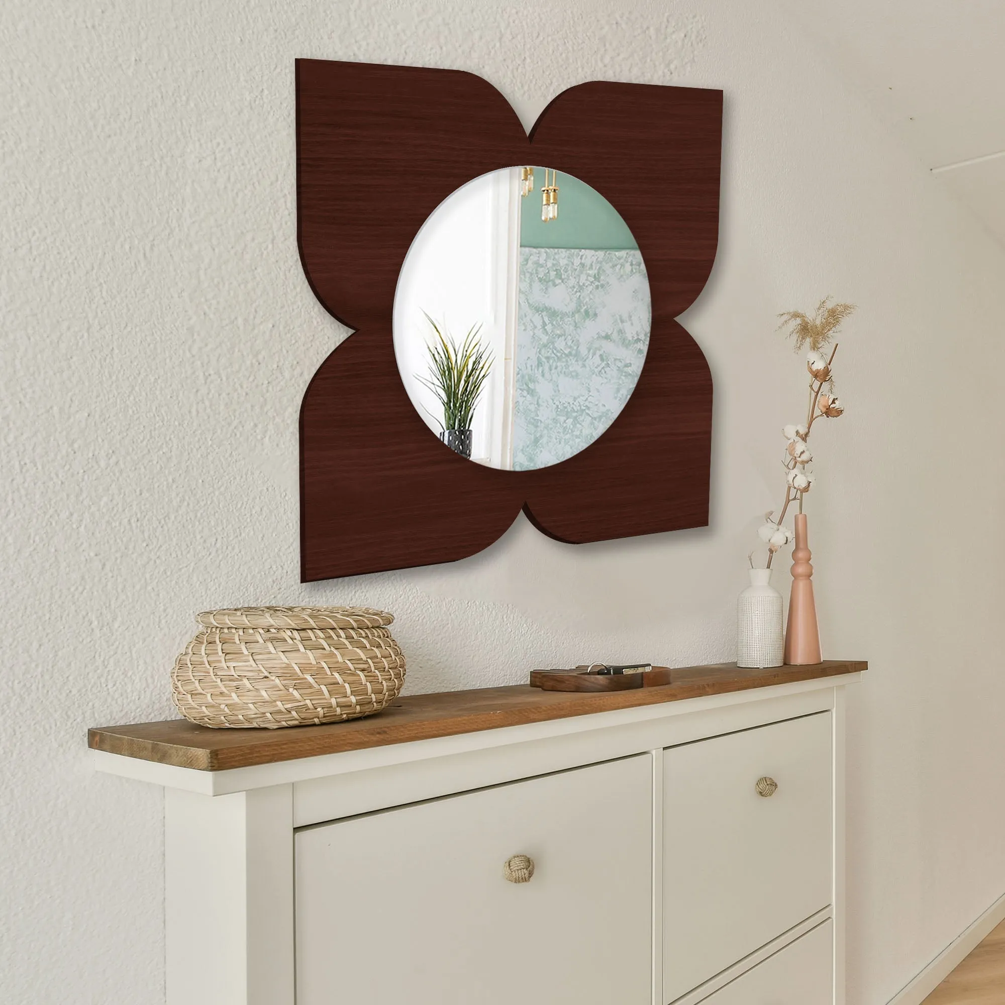 Beautiful Floral Flower Design Art Wooden Wall Mirror