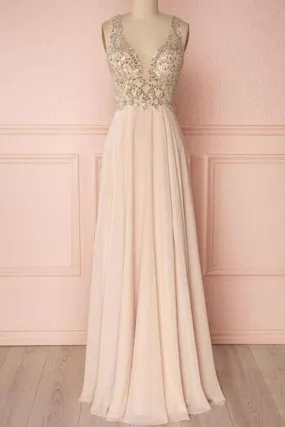 Beautiful Pink A-line V-neck Backless Prom Dresses Party Dress with Sequins, SP506