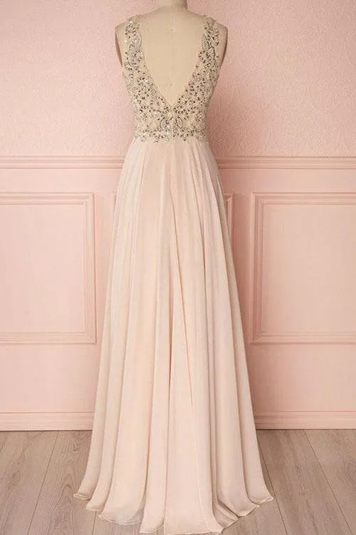 Beautiful Pink A-line V-neck Backless Prom Dresses Party Dress with Sequins, SP506