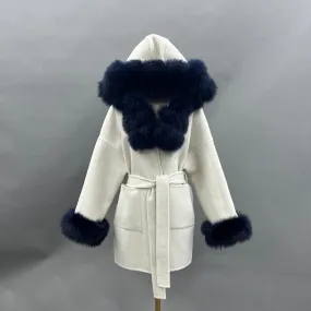 Beige/Navy Cashmere Coat With Fox Fur Trim