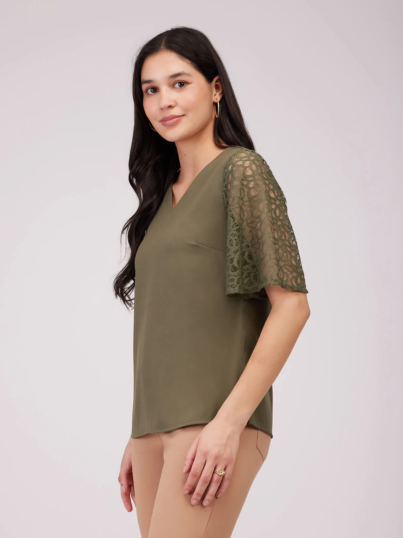 Bell Sleeves Lace Top - Olive