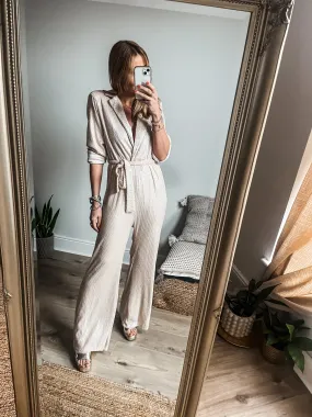 Belted Long Sleeve Wrap Sequin Wide Leg Jumpsuit