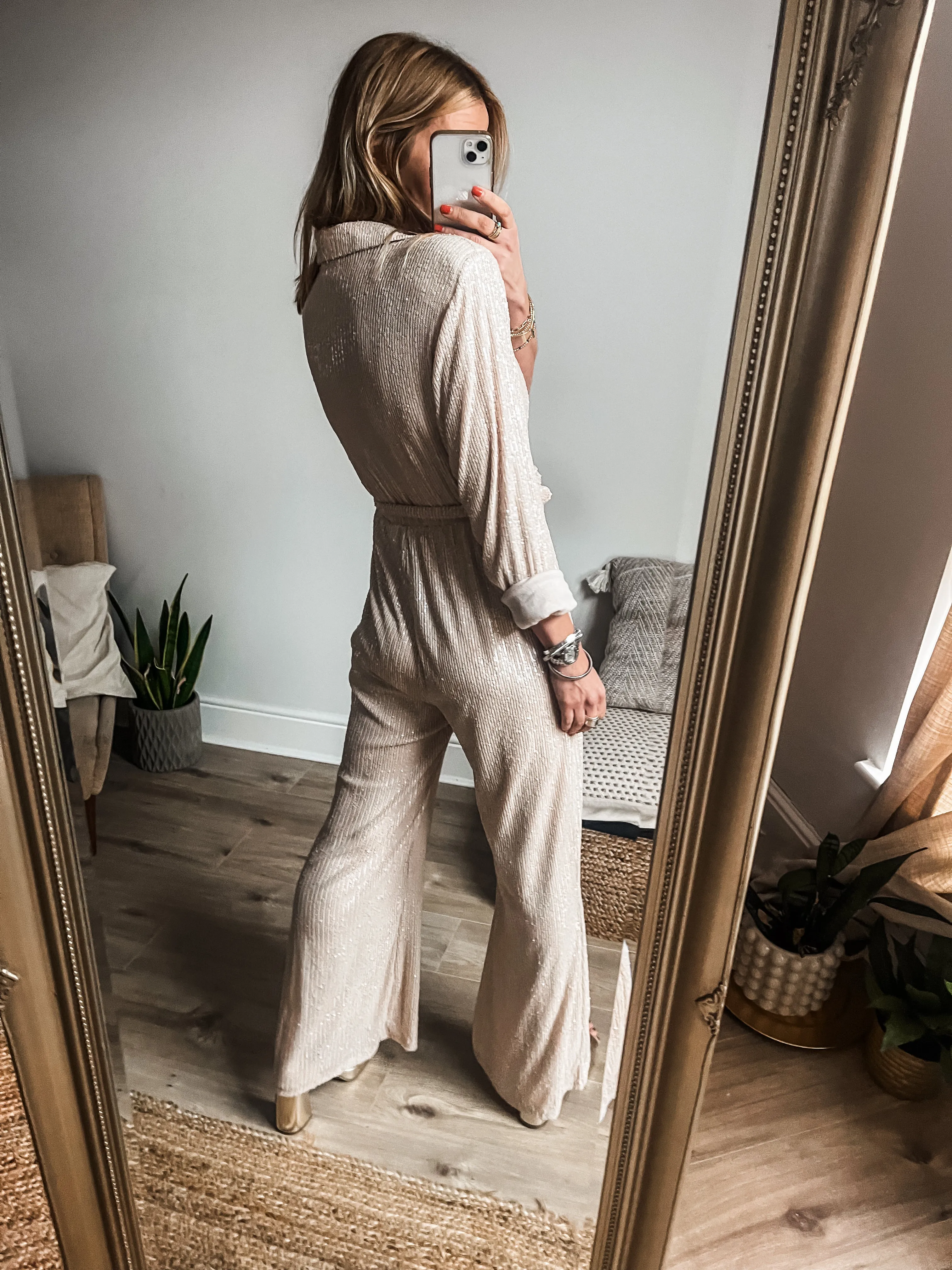 Belted Long Sleeve Wrap Sequin Wide Leg Jumpsuit