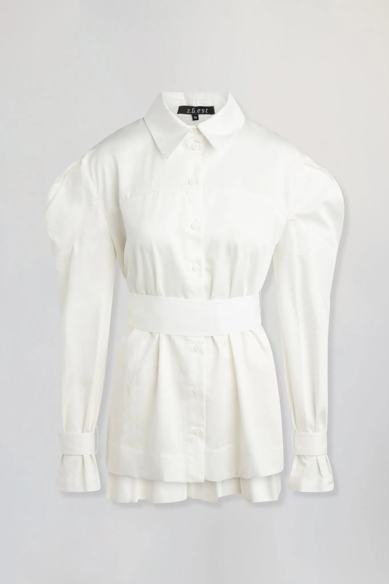 Belted shirt with puff sleeves and asymmetric hem in white