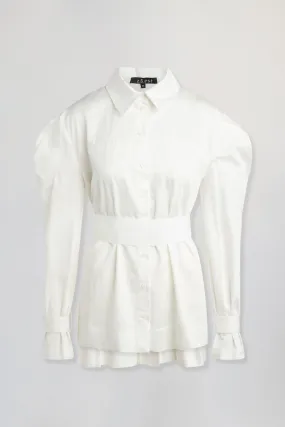 Belted shirt with puff sleeves and asymmetric hem in white