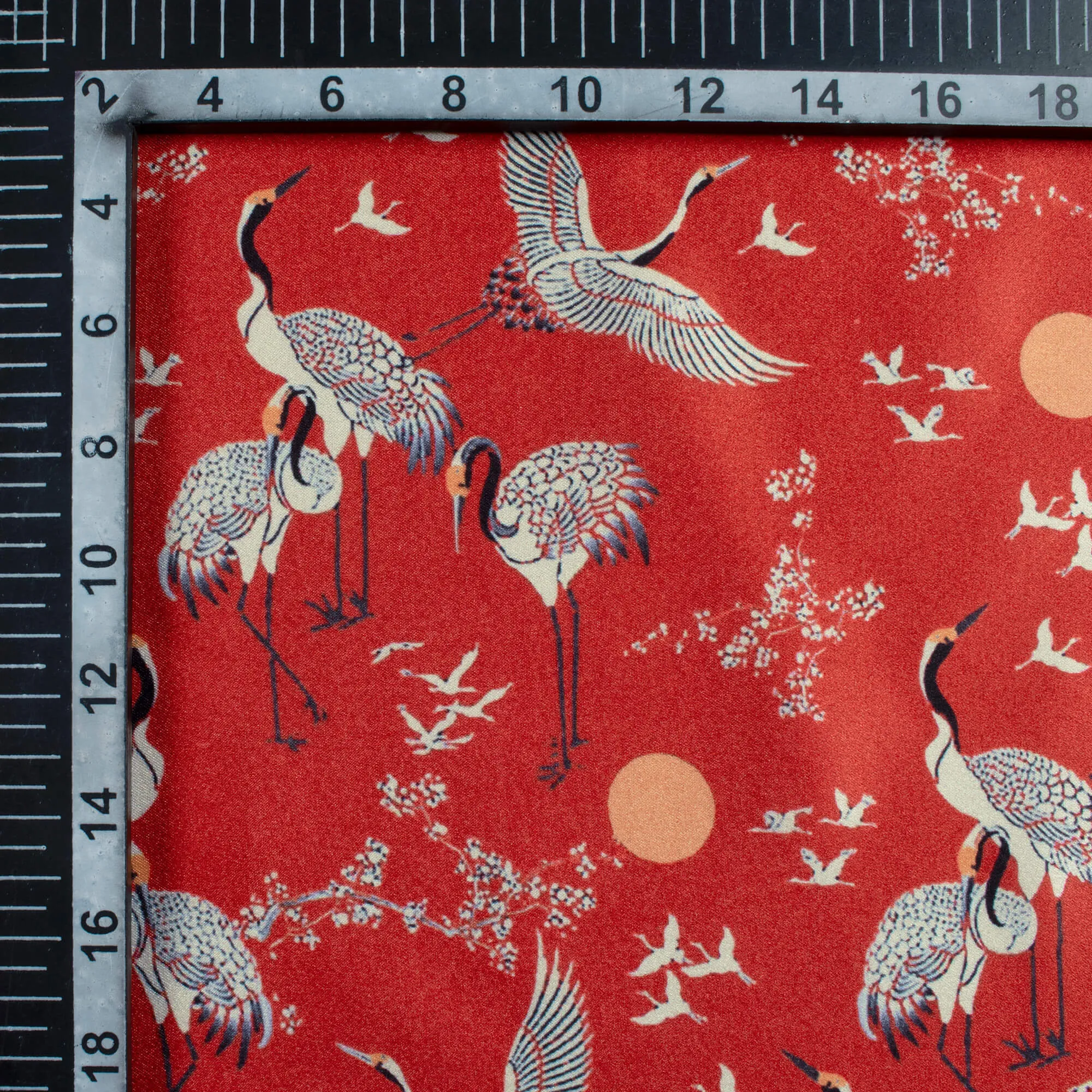 Berry Red And Off White Bird Pattern Digital Print Japan Satin Fabric