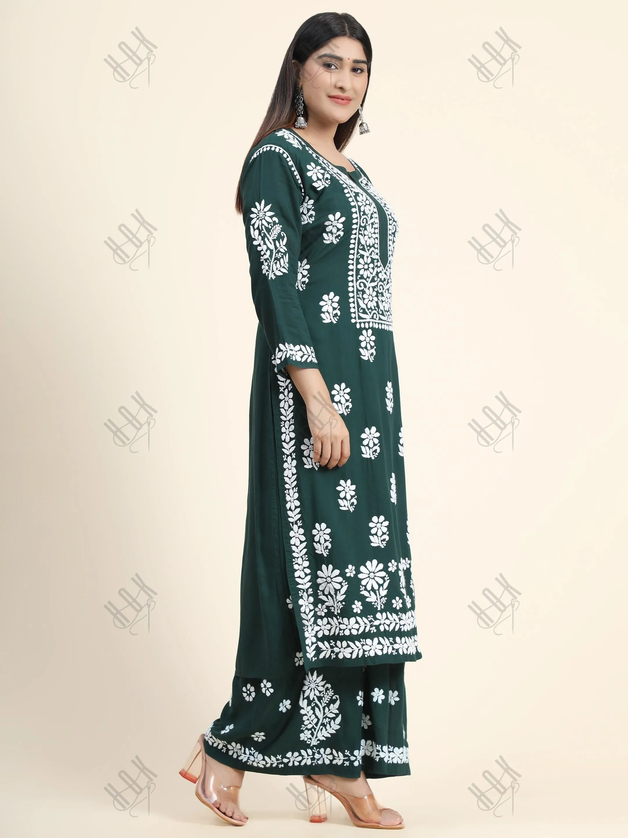 Bhavdeep in Premium Hand Embroidery Chikankari Co-Ord Set Green