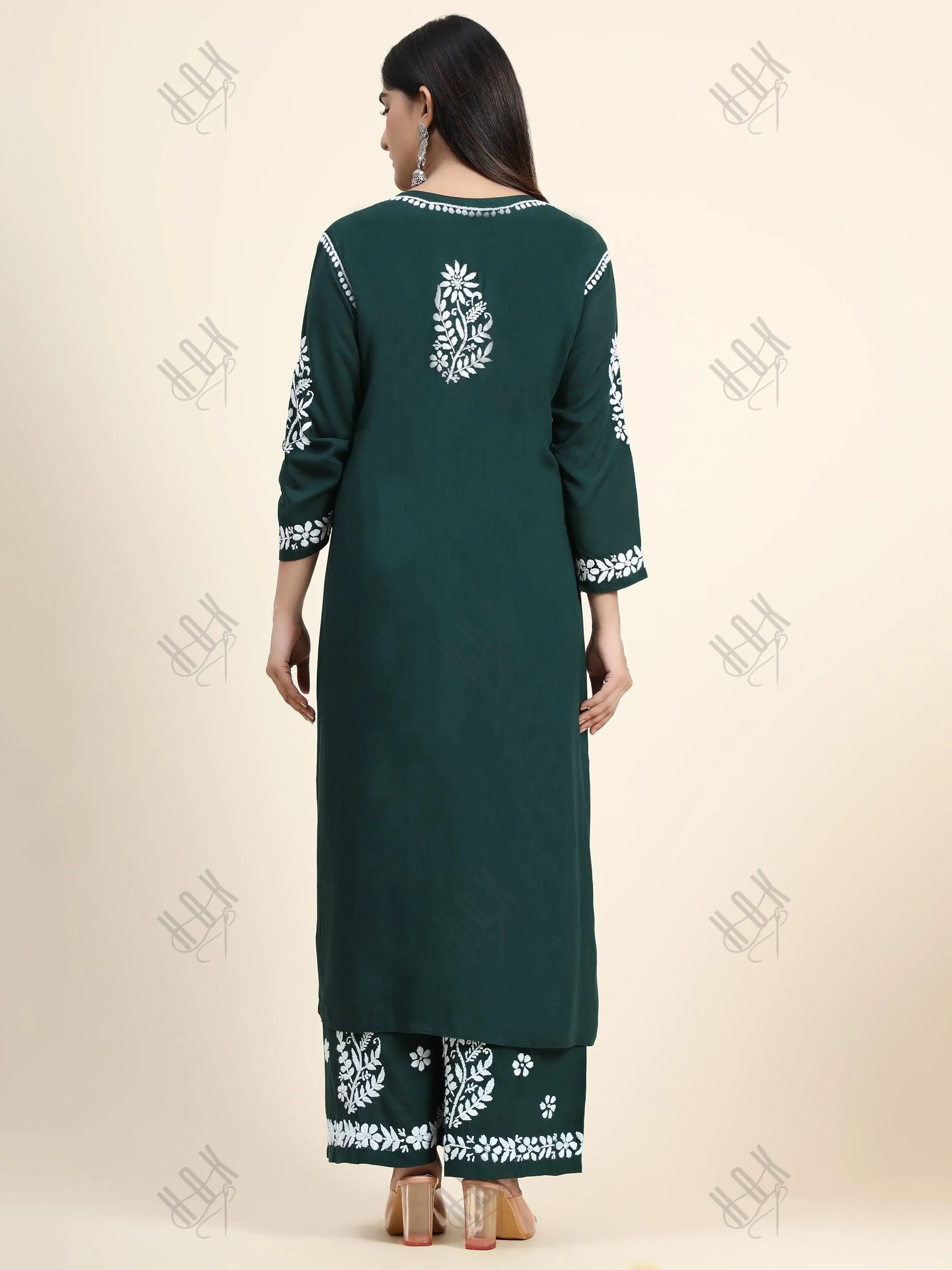 Bhavdeep in Premium Hand Embroidery Chikankari Co-Ord Set Green