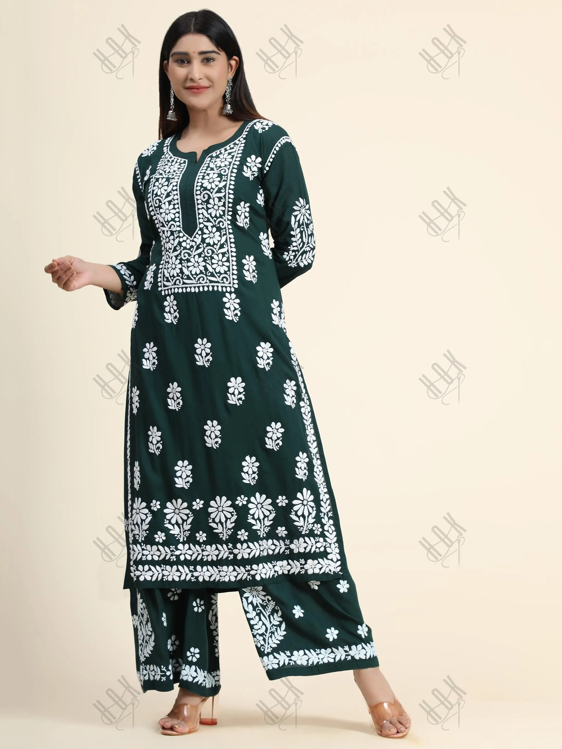 Bhavdeep in Premium Hand Embroidery Chikankari Co-Ord Set Green