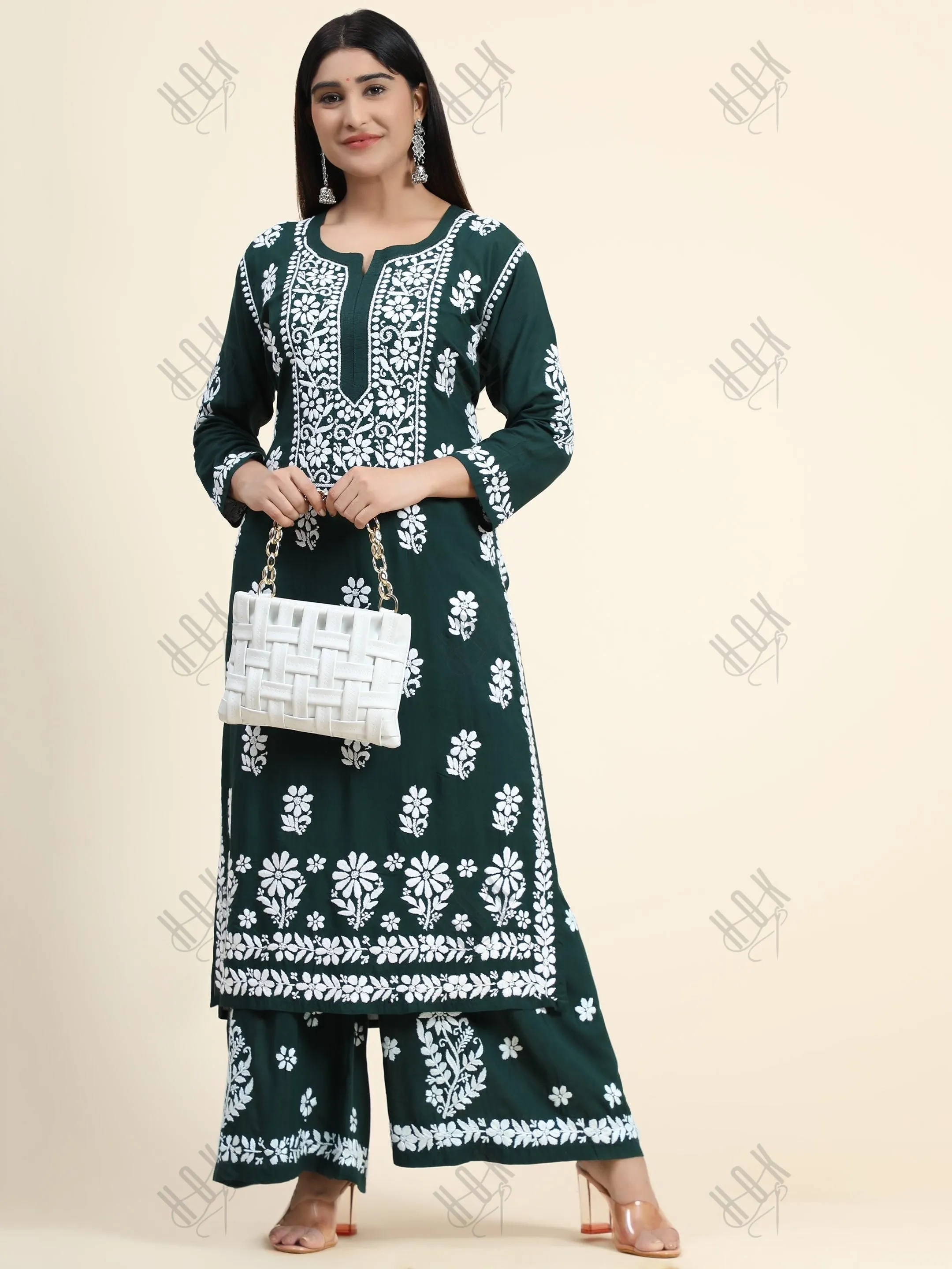 Bhavdeep in Premium Hand Embroidery Chikankari Co-Ord Set Green