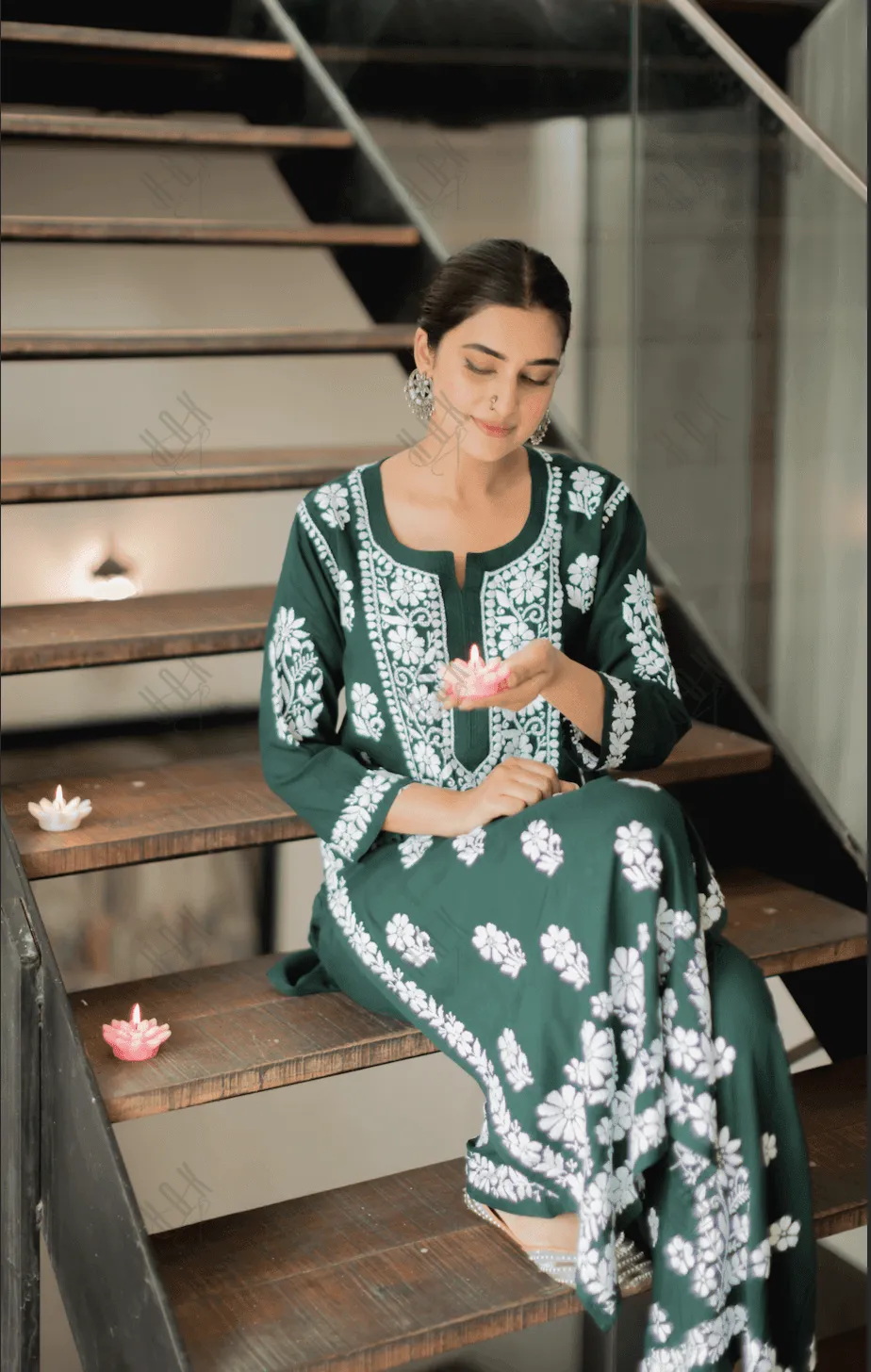 Bhavdeep in Premium Hand Embroidery Chikankari Co-Ord Set Green