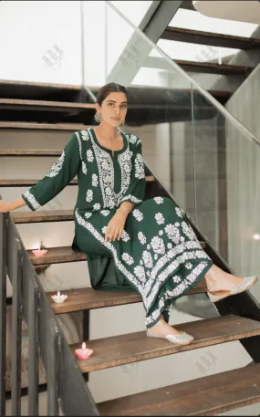 Bhavdeep in Premium Hand Embroidery Chikankari Co-Ord Set Green