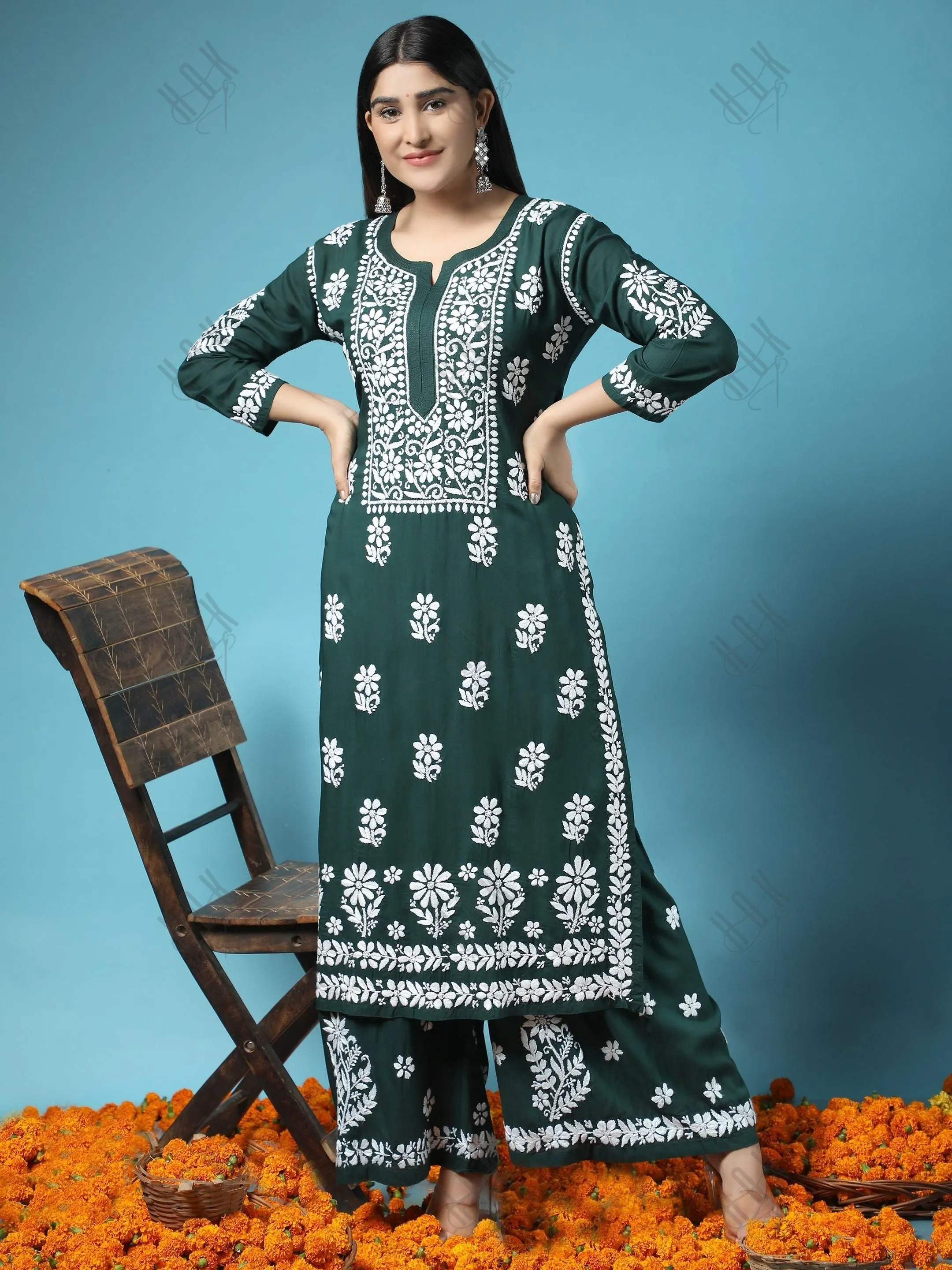 Bhavdeep in Premium Hand Embroidery Chikankari Co-Ord Set Green