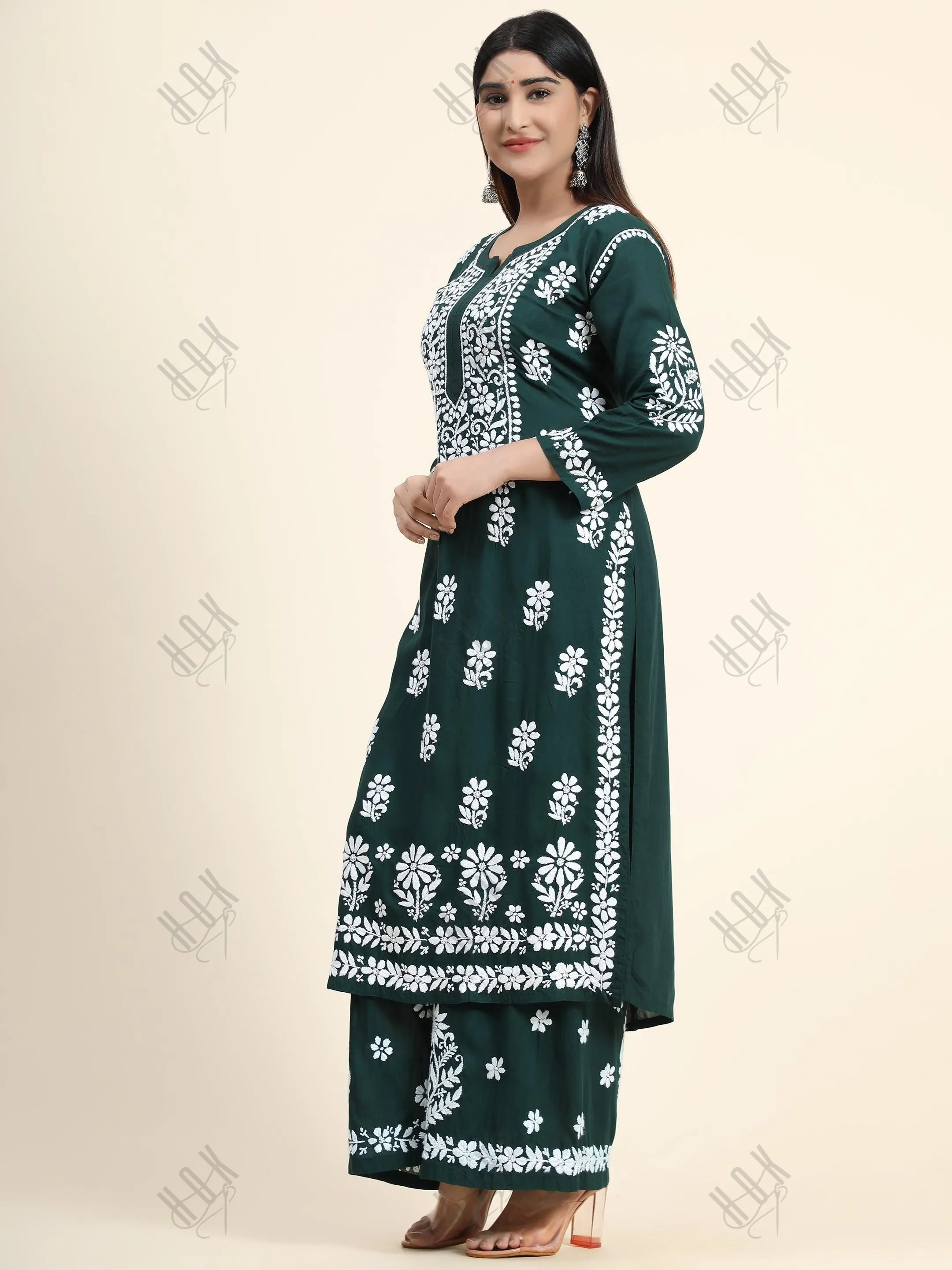 Bhavdeep in Premium Hand Embroidery Chikankari Co-Ord Set Green