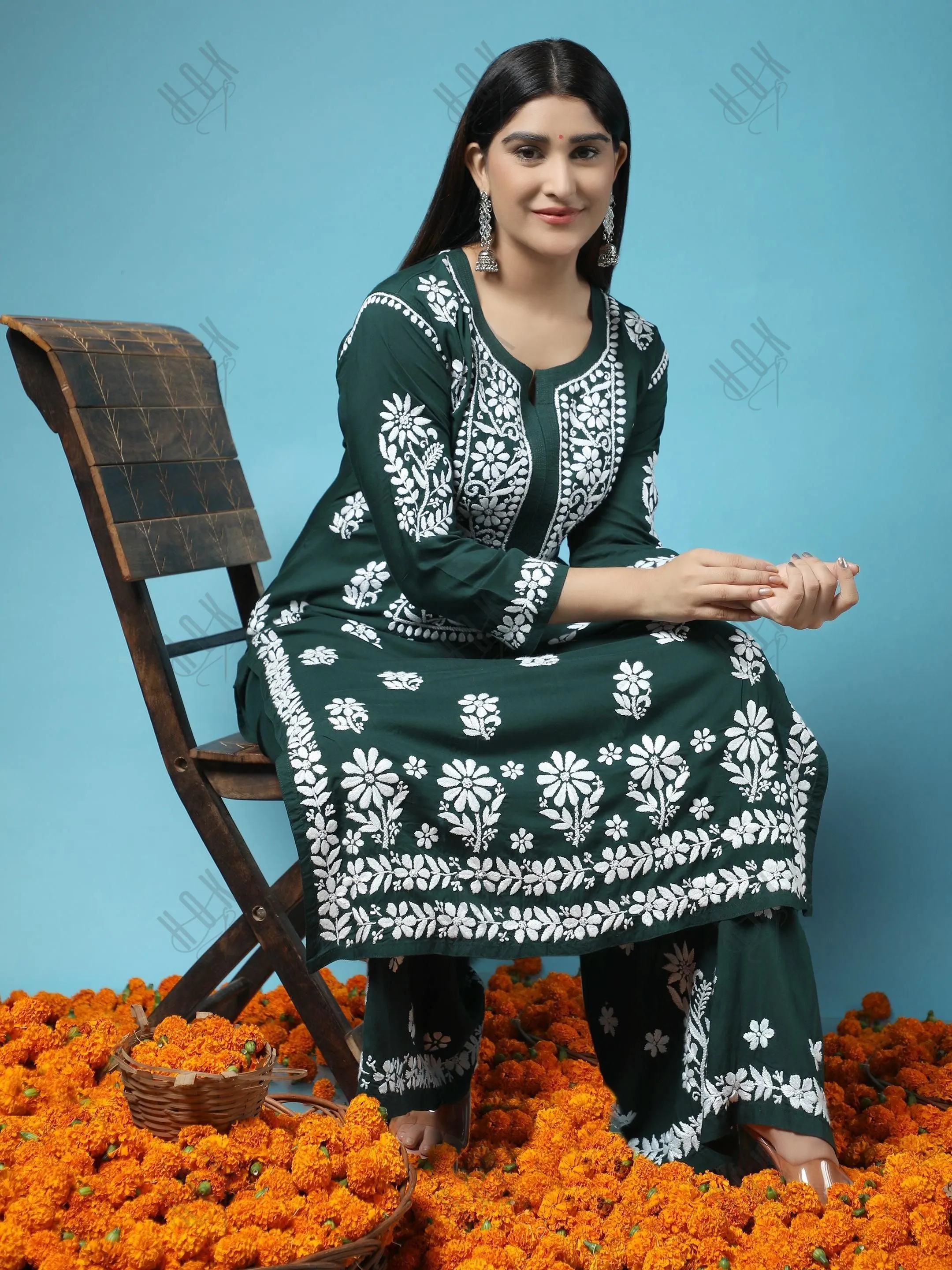 Bhavdeep in Premium Hand Embroidery Chikankari Co-Ord Set Green