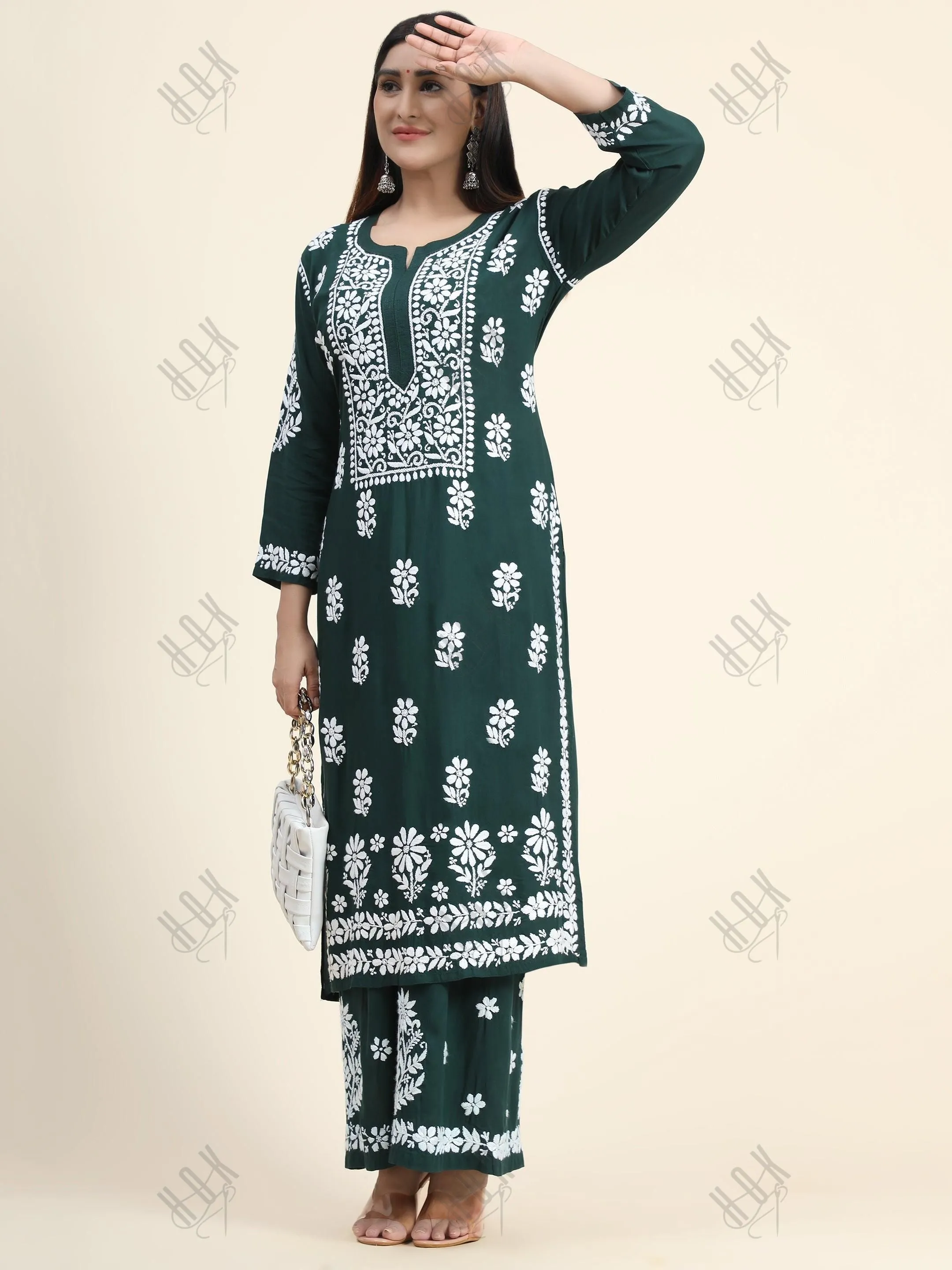 Bhavdeep in Premium Hand Embroidery Chikankari Co-Ord Set Green