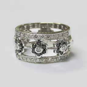 Black and White Diamond Band Flower Design Ring 14K