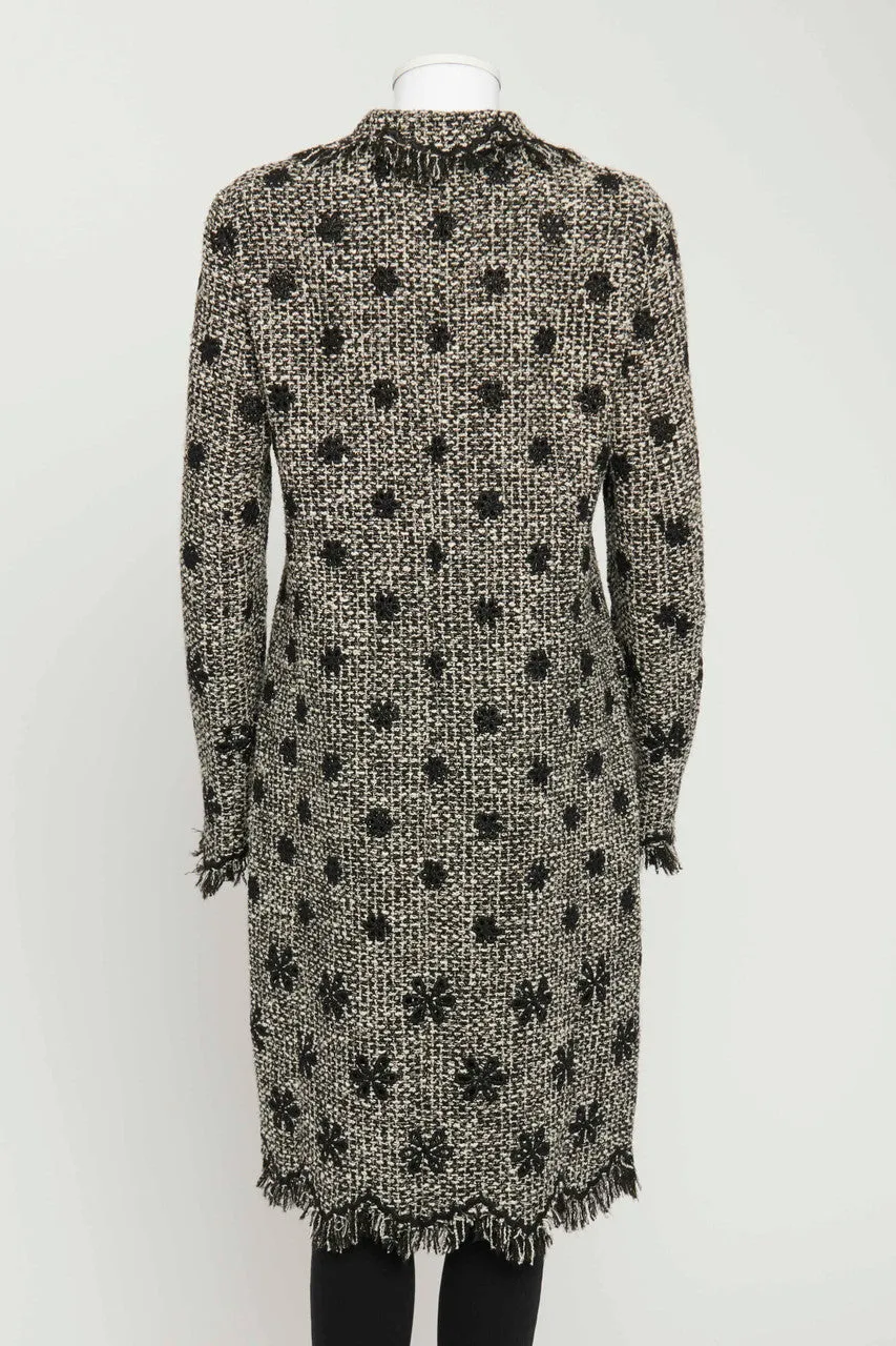 Black and White Tweed Preowned Coat with Floral Embroidery