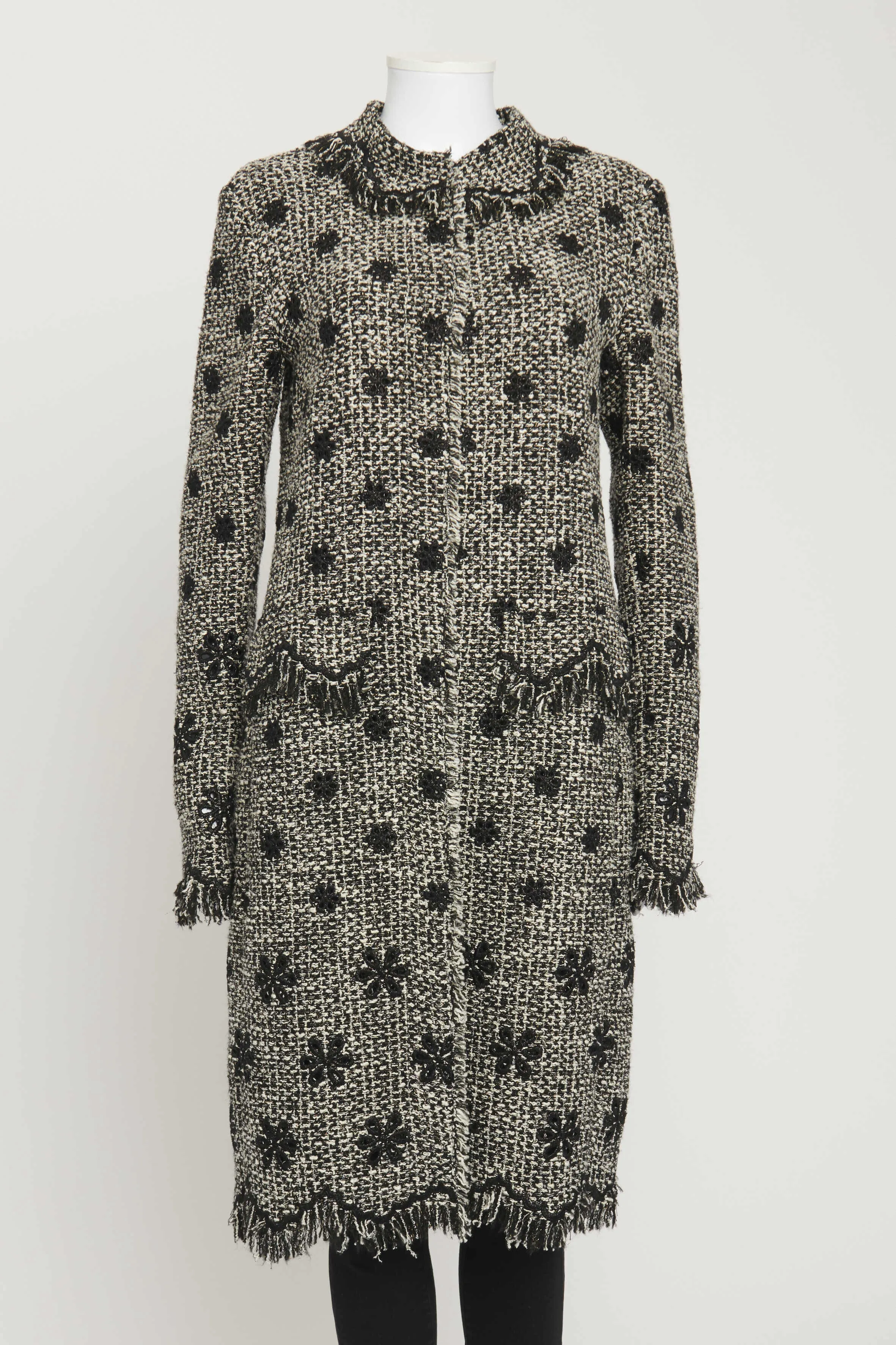 Black and White Tweed Preowned Coat with Floral Embroidery