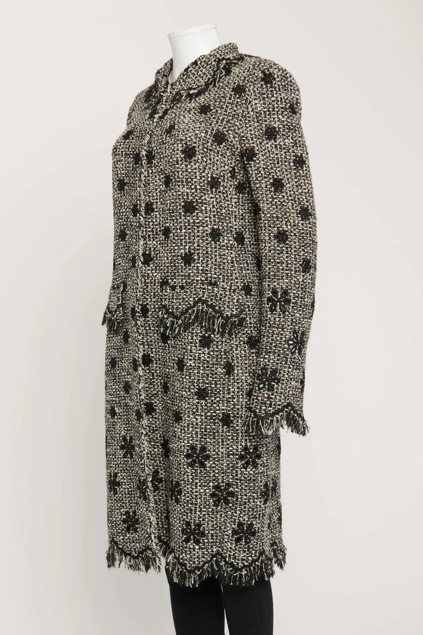 Black and White Tweed Preowned Coat with Floral Embroidery