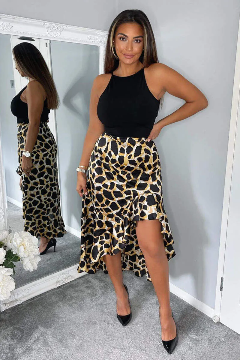 Black Animal Print 2 in 1 Dipped Hem Midi Dress