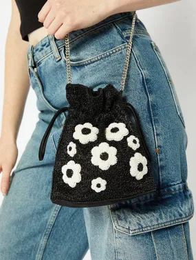 Black Beaded Flower Drawstring Bag