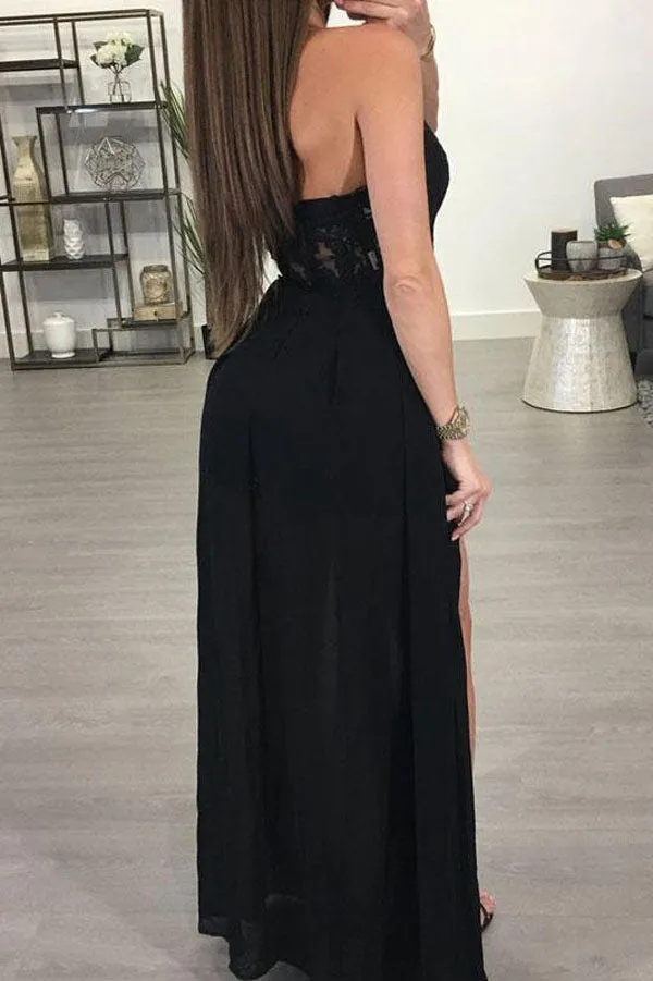 Black Chiffon A-line Halter See-through Sexy Long Prom Dresses, M88