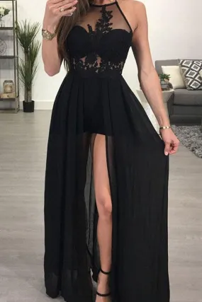 Black Chiffon A-line Halter See-through Sexy Long Prom Dresses, M88