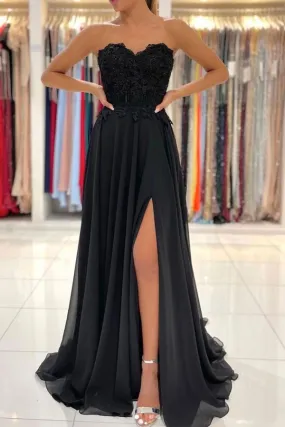 Black Chiffon Lace A-line Sweetheart Prom Dresses, Long Formal Dress, SP804