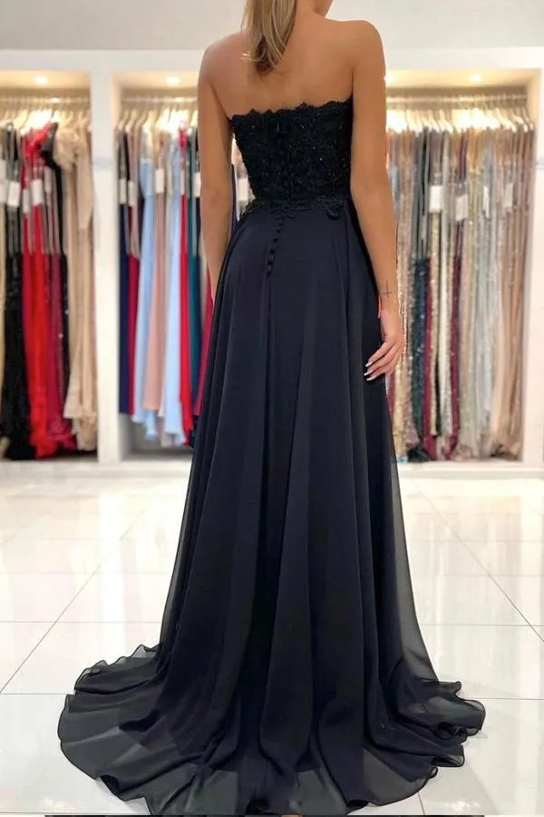 Black Chiffon Lace A-line Sweetheart Prom Dresses, Long Formal Dress, SP804