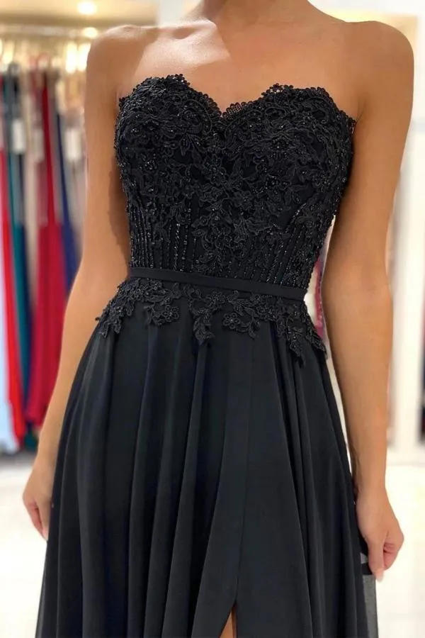 Black Chiffon Lace A-line Sweetheart Prom Dresses, Long Formal Dress, SP804