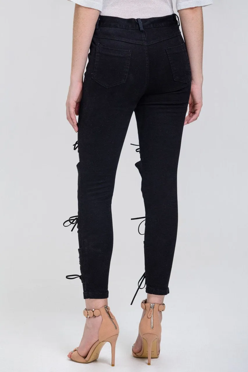 Black Lace Up Leg Skinny Jeans