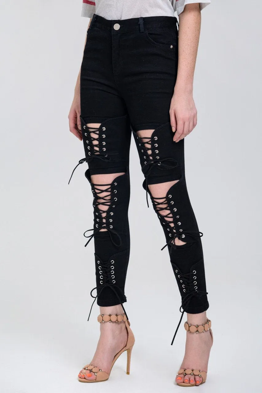 Black Lace Up Leg Skinny Jeans