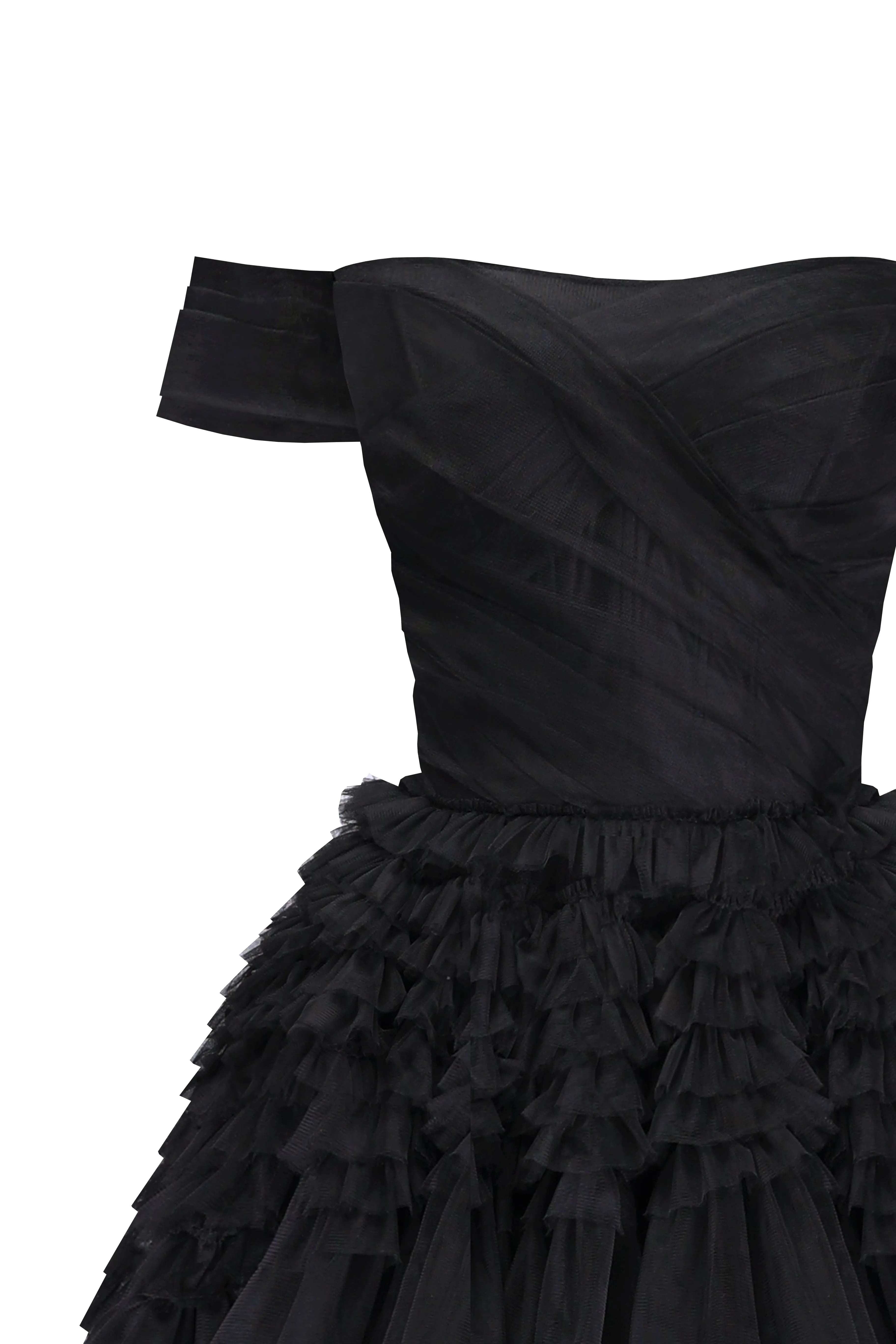 Black Off-The-Shoulder Frill-Layered Gown