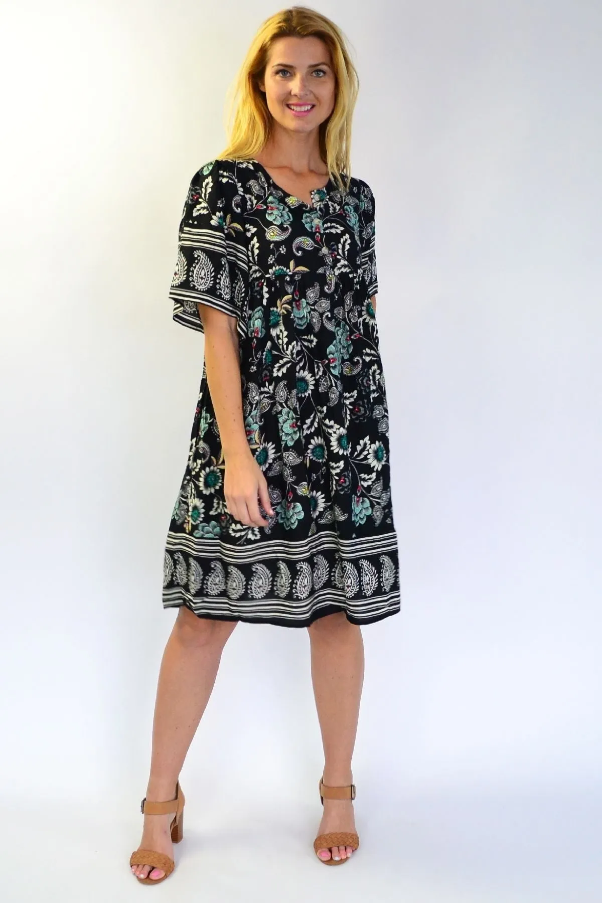 Black Paisley bell sleeve Tunic Dress