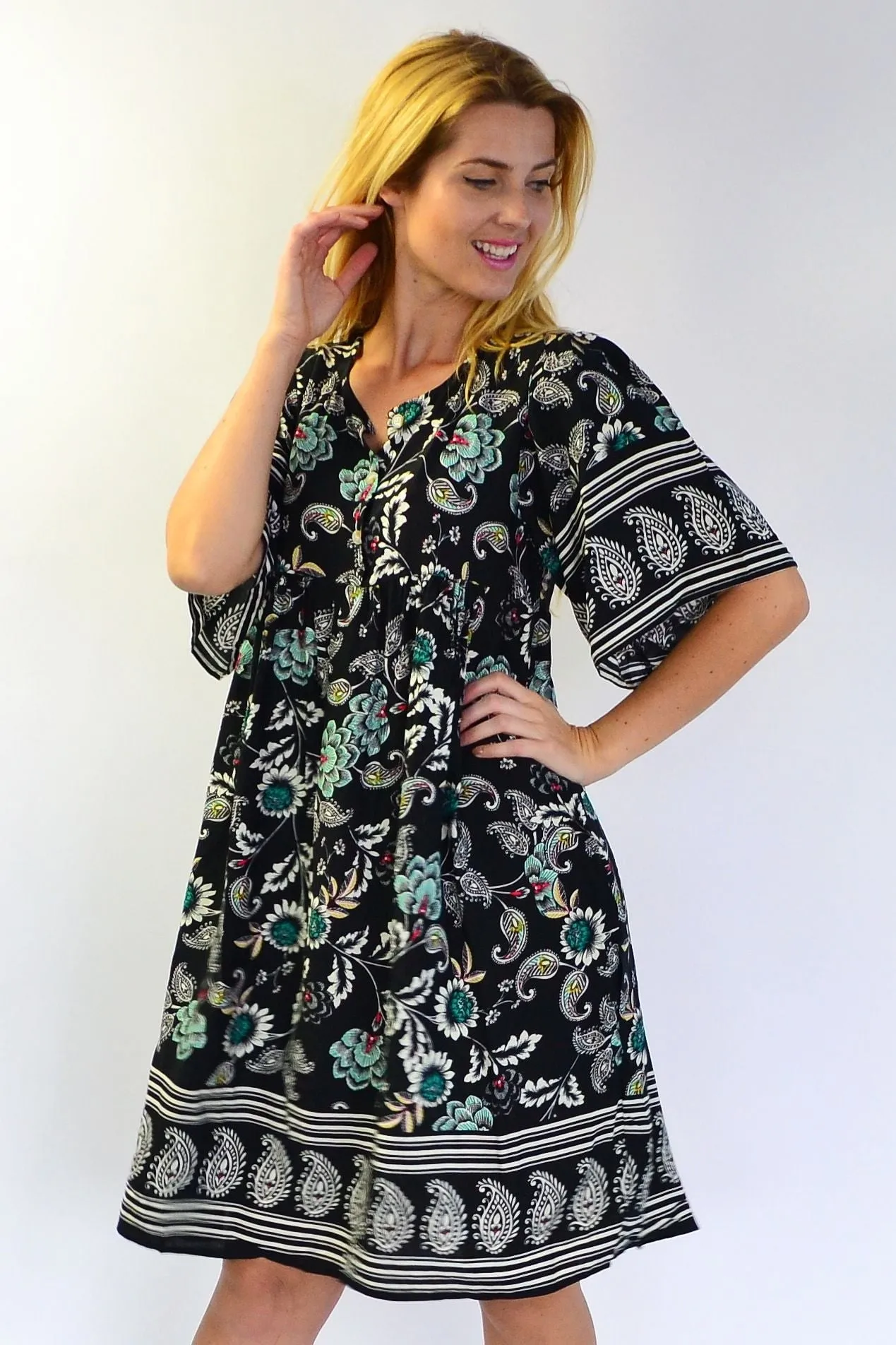 Black Paisley bell sleeve Tunic Dress