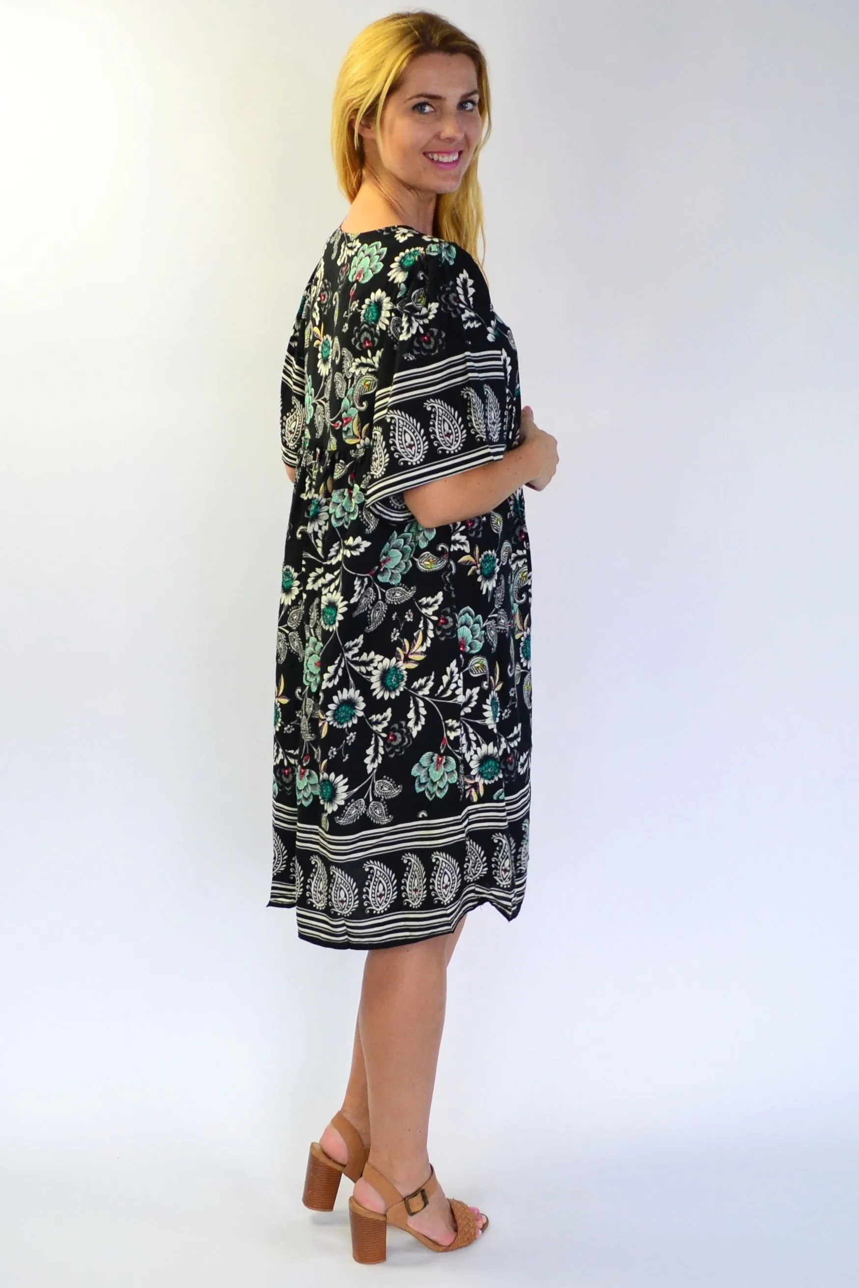 Black Paisley bell sleeve Tunic Dress