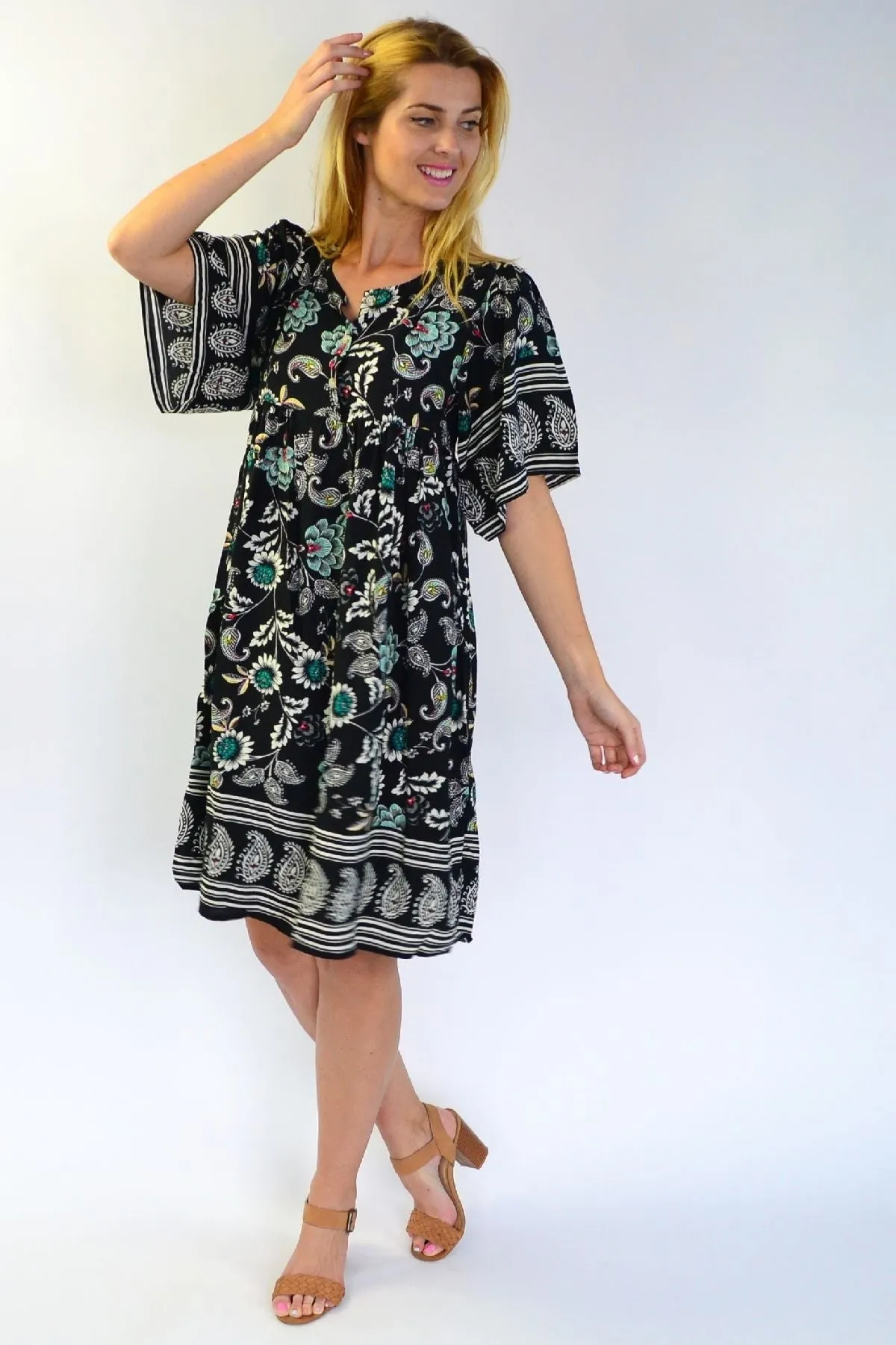 Black Paisley bell sleeve Tunic Dress